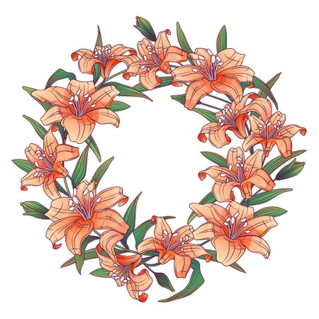 Vector floral wreath with flowers and leaves. Illustration of lily flowers. Garland for flower shop design, decoration of invitations, cards, posters. Place for text.のイラスト素材