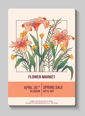 Design of poster. Spring, flower shop, flower market concept. Illustration of bouquet with lily flower and wildflowers.のイラスト素材
