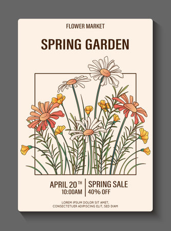 Floral poster for flower market. Vector illustration of wildflowers, leaves, grass. Flower shop, spring concept. Camomile flowers.のイラスト素材
