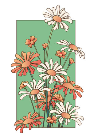 Vector illustration of daisy flowers. Floral composition for design of postcard, poster. Flower shop concept. Wildflowers arrangement.のイラスト素材