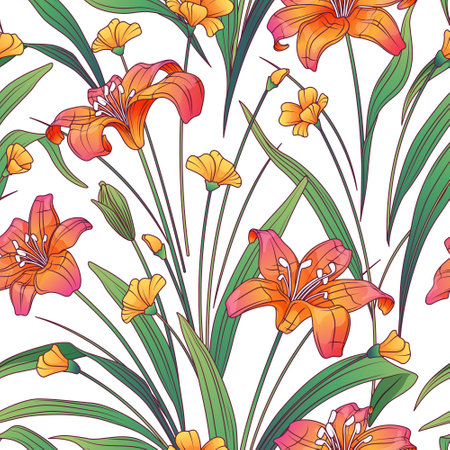 Floral vector seamless pattern with illustration of lily flowers and leaves. Background for fabric design, textile, wrapping paper. Flower shop concept.のイラスト素材