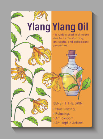 Infographic poster. Vector illustration of glass bottle of Ylang ylang essential oil, pattern with flowers. Information card background design. Cosmetic, perfumery and aromatherapy concept.のイラスト素材