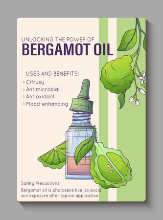 Vector infographic poster. Illustration of glass bottle of essential oil, dropper, bergamot fruit. Information card background design. Cosmetic, perfumery and aromatherapy concept.のイラスト素材