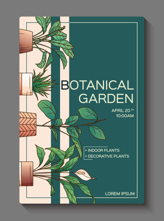 Poster design with vector illustration of houseplants. Potted ficus, peace lily plant, aglaonema, haworthia plant. Flower shop, home garden concept.のイラスト素材