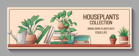 Banner background with vector illustration of shelf with houseplants, stack of books, radio. Potted plants: haworthia, pothos plant, cactus. Interior, bookstore, flower shop, home garden concept.のイラスト素材