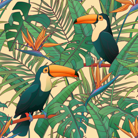 Tropical seamless pattern with monstera leaves, bird of paradise flower. Vector illustration of ramphastos bird. For fabric, textile, wrapping paper, cover, package. Flowers and tropical leaves.のイラスト素材