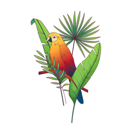 Vector illustration of tropical leaves and parrot.のイラスト素材