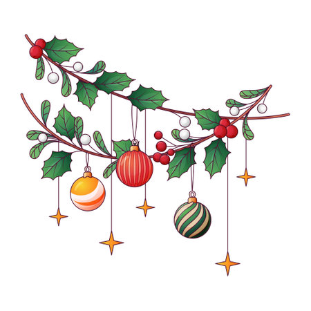 Christmas composition of decorations on the threads. Vector illustration of holly leaves and mistletoe. Merry Christmas, New Year concept. For card design, poster decoration.のイラスト素材