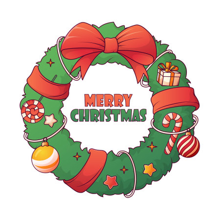 Christmas wreath with illustration of bow, decorations, gift, star, candy. Vector garland. Merry Christmas, New Year concept. For card design, poster decoration.のイラスト素材