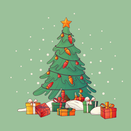 Composition of trees with colorful presents. Decorated Christmas tree with gift boxes, star, lights. Merry Christmas, New Year concept. For card design, poster decoration.のイラスト素材