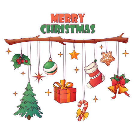 Christmas composition of decoration on the twig. Vector illustration of tree, holly, ball, gift box, candy, cookie, bells. Merry Christmas, New Year concept. For card design, poster decoration.のイラスト素材