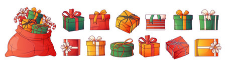 Vector collection of illustration of gift boxes. Gift bag Decorative design elements. Merry Christmas, New Year concept.のイラスト素材
