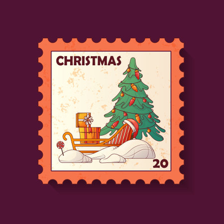 Christmas postage stamp with illustration of Christmas tree, sled with presents in the snow. Vector illustration for design of envelope decoration. Merry Christmas, cozy winter, New Year concept.のイラスト素材
