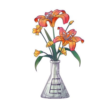 Vector illustration of bouquet with lily and wildflowers in Erlenmeyer flask isolated on white.のイラスト素材