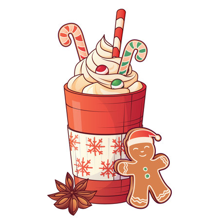 Vector cup of hot chocolate with whipped cream, candy canes, and gingerbread cookie.のイラスト素材