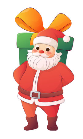 Vector illustration of Santa Claus with big green gift box and yellow bow.のイラスト素材
