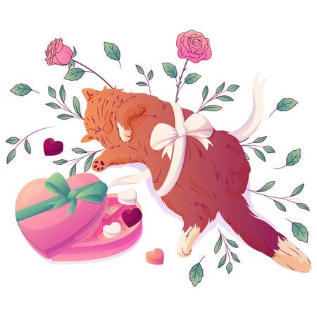Vector illustration of a sleeping ginger cat with a ribbon, roses, leaves, a heart-shaped gift box with sweets.のイラスト素材
