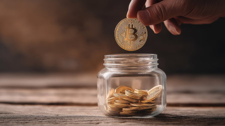 Saving bitcoin crypto coin concept with hand placing cryptocurrency in jar. Secure digital investment for future wealth and growthの素材