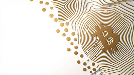 Golden bitcoin crypto currency coin on white abstract background. Represents digital currency, investment, and modern finance concepts. Perfect for illustrating blockchain and technologyの素材