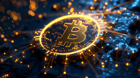 Golden Bitcoin crypto coin on circuit board. Representing digital currency financial technology connection. Secure transaction investment and cryptocurrency technology conceptの素材