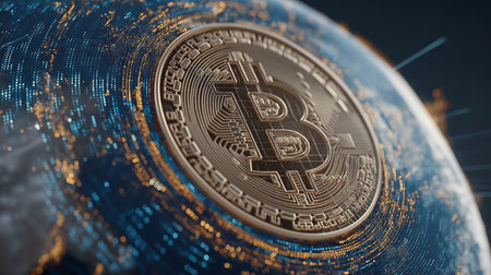 Conceptual 3D render of a Bitcoin coin on a digital world map background depicting global crypto currency network for secure finance and blockchain transactions. Digital Bitcoin coin future is nowの素材