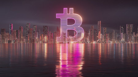 Futuristic cityscape with a large neon bitcoin symbol reflecting in the water. This image represents the growing digital coin economy and the future of crypto currency.の素材