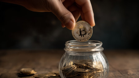 Hand putting Bitcoin crypto coin in a glass jar filled with coins. Represents saving or investing in crypto currency and Bitcoin. It's the future of digital currency investmentの素材