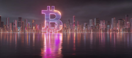 Futuristic bitcoin city skyline with neon crypto coin currency reflection. Digital future economy and financial technology concept with modern urban architecture.の素材