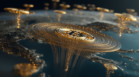 Bitcoin crypto currency revolutionizing the global economy. This image showcases the impact of digital coin technology connecting worldwide markets for investments and decentralized financeの素材