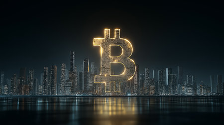 A glowing golden Bitcoin cryptocurrency coin symbol stands out against a dark cityscape skyline creating a futuristic look at finance and technology in this crypto currency imageの素材