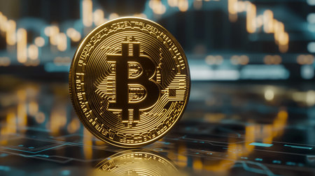 Close-up of a golden bitcoin coin resting on a modern technology surface. Illustrates the future of finance and crypto currency investment and trading in the digital age. The coin reflects innovation.の素材