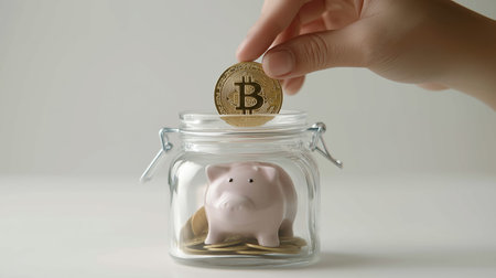 Hand putting Bitcoin crypto currency digital coin in a jar with a piggy bank inside. Represent saving bitcoin crypto currency for the future financial investments and banking growthの素材