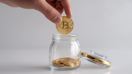 Investing in digital assets by saving Bitcoin crypto currency coin in a jar. Building financial security with golden coins and cryptocurrency.の素材