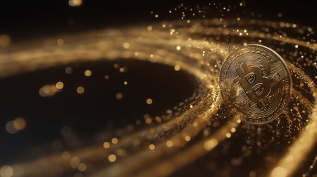Capture the futuristic essence of finance with this image of a bitcoin crypto coin surrounded by a sparkling golden trail. Symbolizing success in cryptocurrency investments and the power of digitalの素材