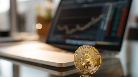 Image depicts bitcoin coin and crypto currency on a desk with graphs on a laptop for investment. Concept of digital finance, online trade, and crypto success.の素材