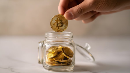 Close up shot of a hand adding a Bitcoin crypto coin into a glass jar filled with digital currency saving for financial planning and future investment wealth.の素材