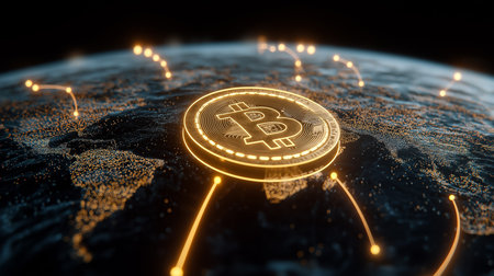 Conceptual image of a Bitcoin on a world map, depicting a decentralized digital crypto currency network connecting the globe. Exploring global bitcoin investment and crypto trends.の素材