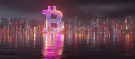 Neon Bitcoin symbol stands tall against a futuristic cityscape reflected in dark water. Crypto coin and currency concept representing digital investment and financial technology innovation.の素材