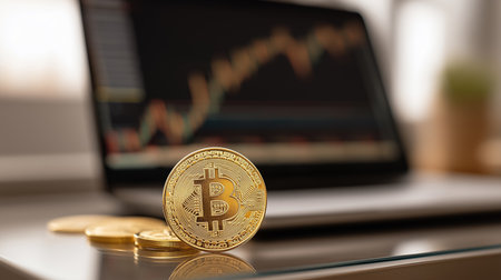 A golden bitcoin coin is displayed in front of a laptop showing a crypto currency trading chart. The image represents bitcoin financial investments and crypto currency tradingの素材