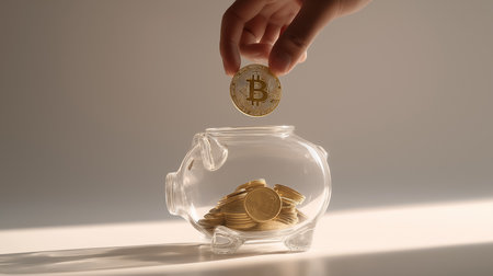 Invest in the future with bitcoin crypto currency coin Hand putting golden bitcoin in glass piggy bank. Save and secure your digital assets. Financial savings and investment conceptの素材