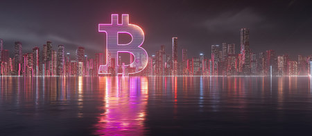 Futuristic cityscape reflecting on the water, featuring a neon Bitcoin symbol representing crypto coin and the innovative future of crypto currency and digital investmentの素材