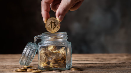 Hand placing bitcoin crypto currency coin into jar a digital investment strategy. Concept of saving wealth and future financial abundance in a secure electronic crypto coin investmentの素材