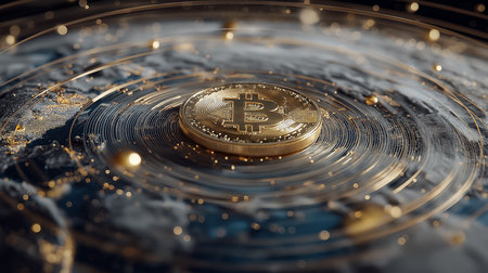 Bitcoin's orbit golden crypto coin on a swirling cosmic background illustrating the future of currency and digital finance explore the world of bitcoin and crypto currencyの素材