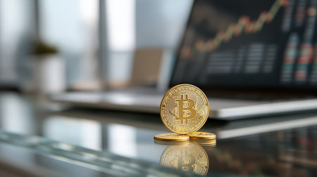 Bitcoin crypto coin trading chart on laptop represents cryptocurrency investment and financial technology concept of digital money and decentralized blockchain systemsの素材