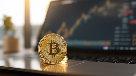 Bitcoin coin and crypto currency laying on laptop keyboard showing trading analysis. Symbolizes digital finance future of bitcoin crypto and coin for online investments.の素材