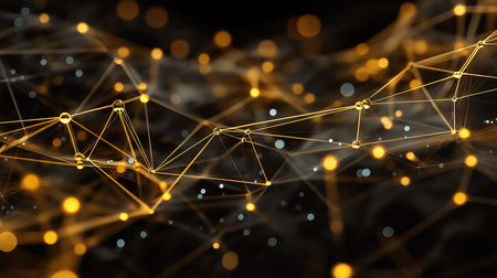 Bitcoin blockchain cryptocurrency network connection with digital coin crypto. Abstract technology background with connecting dots and lines represents digital data and communicationの素材