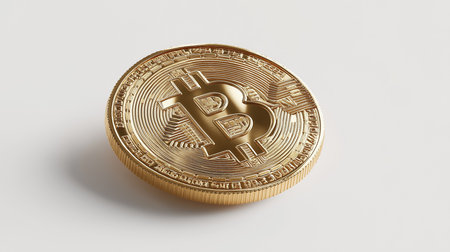 Close-up of a shiny gold Bitcoin crypto coin resting on a clean white background representing modern cryptocurrency and digital currency investment for future financeの素材