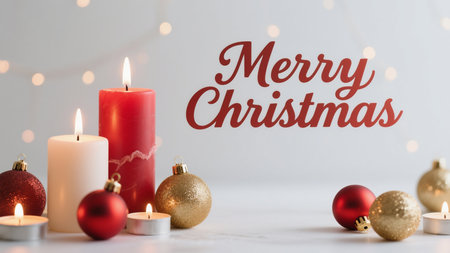 Festive Merry Christmas still life composition featuring lit candles and shiny ornaments on a white table. The warm glow creates a cozy holiday ambiance.の素材