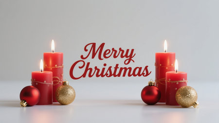 A festive Christmas scene with glowing red candles and sparkling ornaments creating a warm and joyful holiday atmosphere, perfect for seasonal greetings and celebrations.の素材