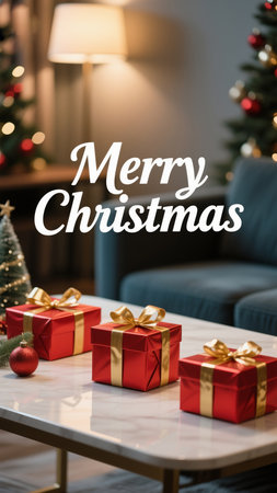 A festive Christmas scene with beautifully wrapped red and gold presents arranged on a table, set against the backdrop of decorated Christmas trees and cozy interior of a warmly lit living room.の素材